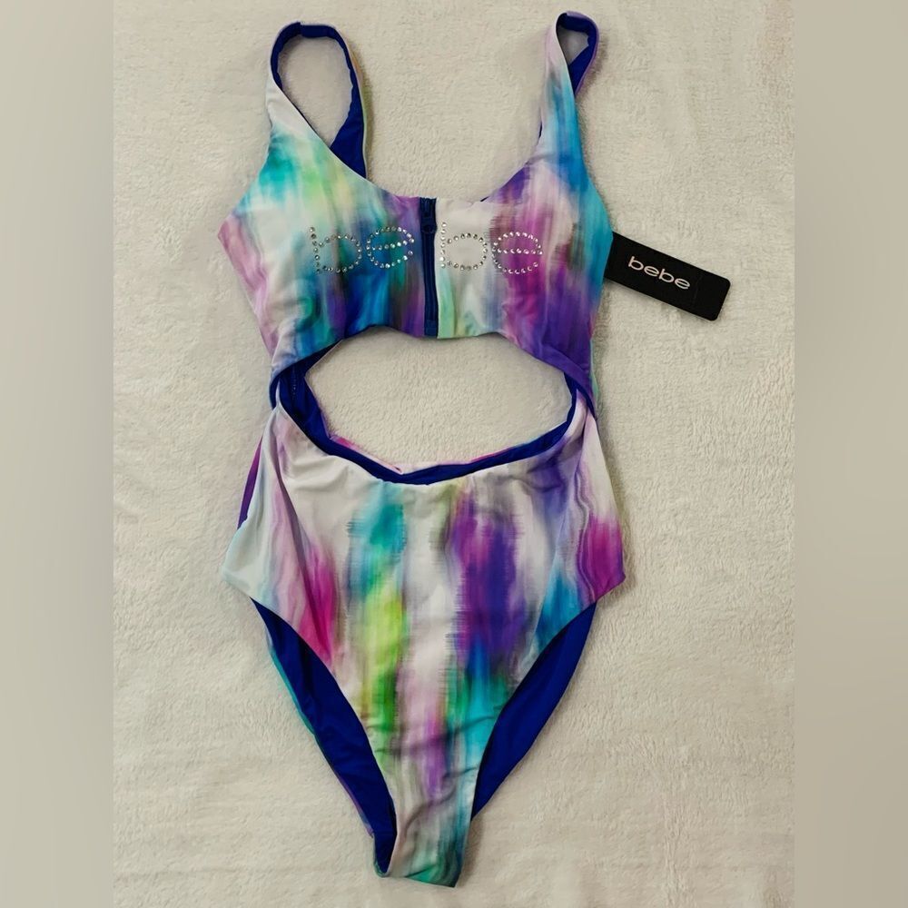 Bebe One Piece Swim Monokini Bathing Suit Zip Rhinestones Crystals Tie Dye S
